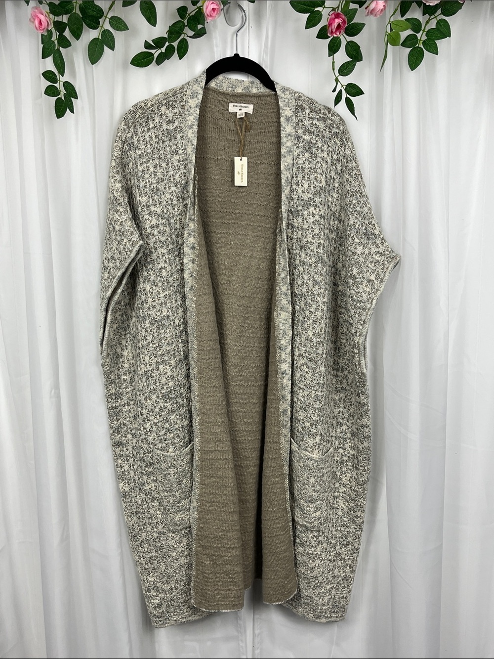 World Market Womens Open Front Knit Cardi OS Beige Cream Metallic Pockets EUC